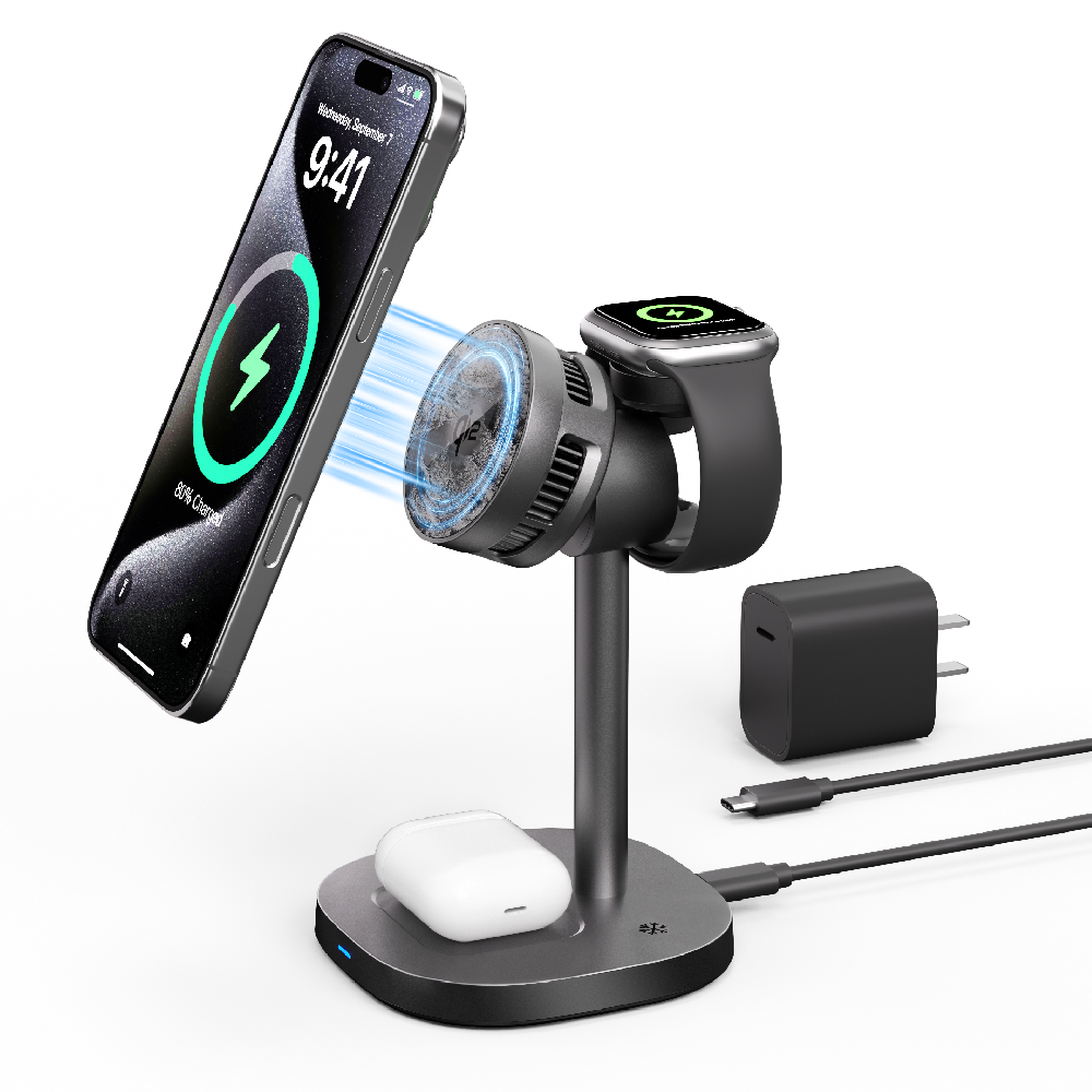 冷却ファン搭載 magsafe充電器 マグネット式 3-in-1 ワイヤレス充電器